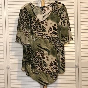 Sami & Jo Animal Print Pleated Textured V-Neck Sheer Short Sleeve Blouse XL